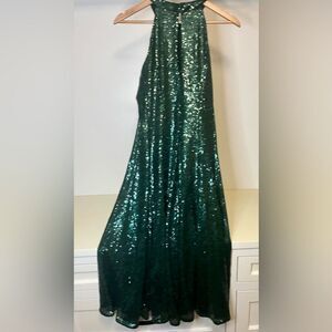 NWT- Taylor green sequin high neck sleeveless fit and flare party midi size 14